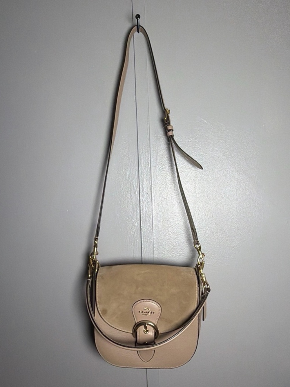 Coach Taupe & Beige Suede Saddle Crossbody Bag